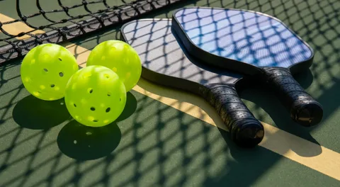 The History of Pickleball - two pickleball paddles with two balls