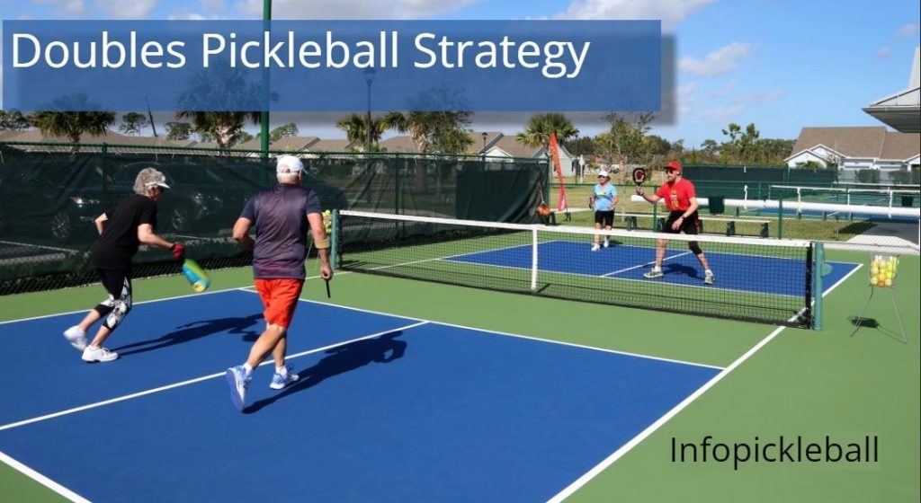 Doubles Pickleball Strategy - 4 players are playing pickleball doubles game 1024x560